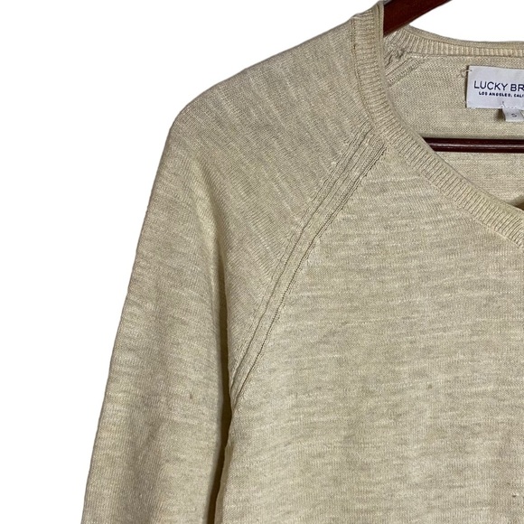 Lucky Brand Long Sleeve V Neck Cream Sweater Raglan Knit Ribbed Henley Small S - Picture 6 of 16